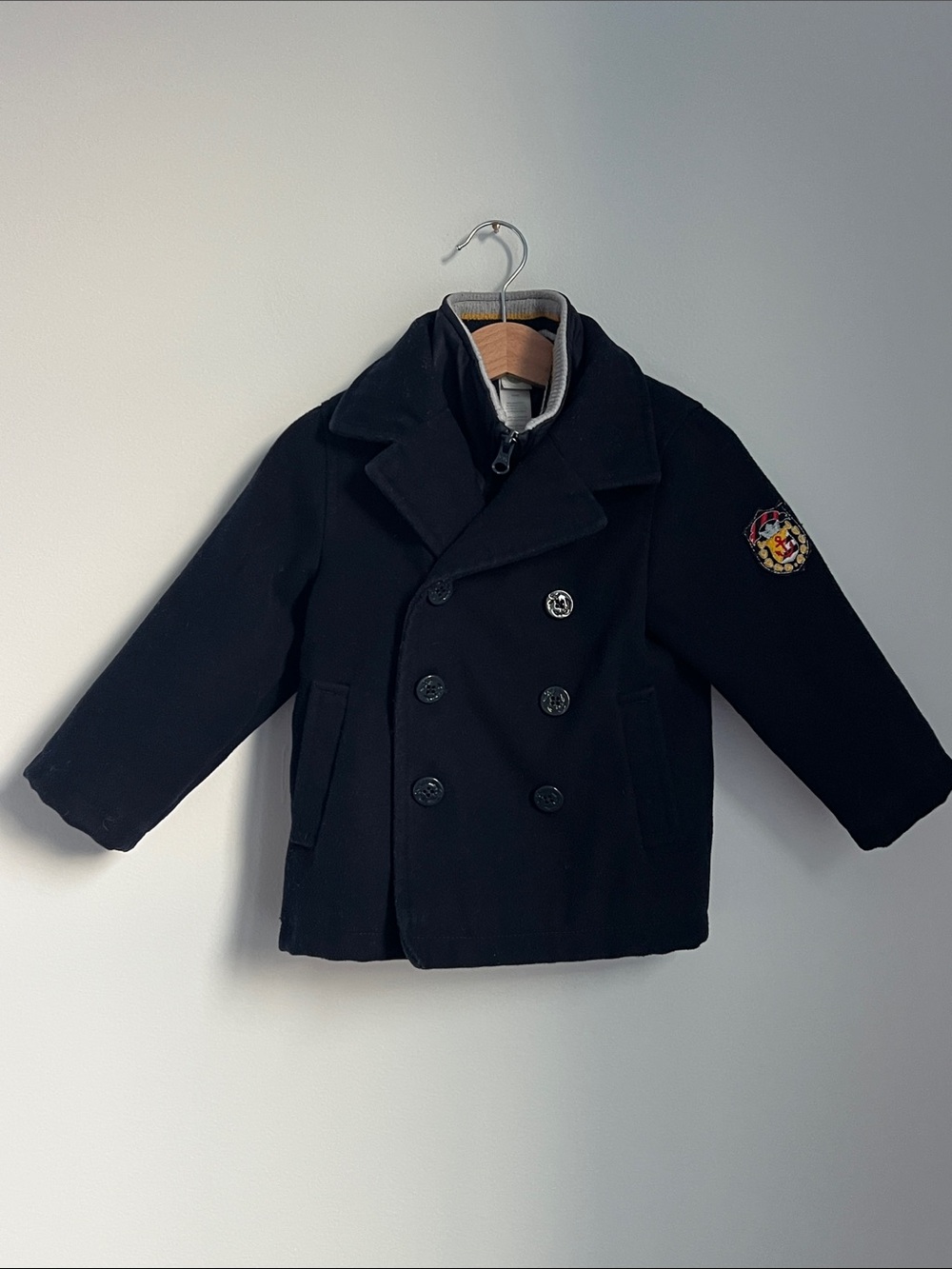 Little Me | Navy Double-Breasted Pea Coat with Crest Patch Size 24 Months